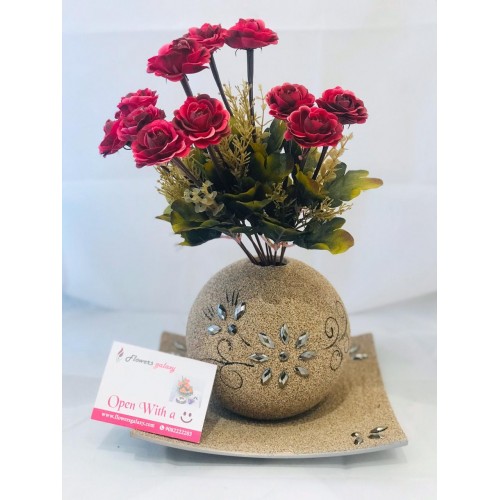 Artificial Red Roses with Beautiful Pot (2-3 Delivery Days)         